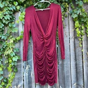 Maroon Low V-Neck Curtain Drape Dress
